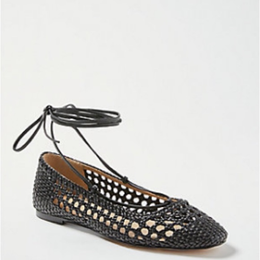ANN TAYLOR Lydia Rattan Leather Black Mesh Flats Women’s Shoes